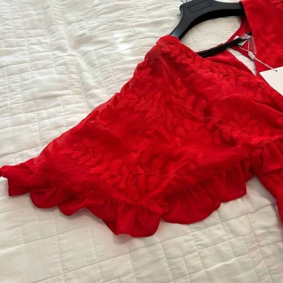 Selfie Leslie Red Mini Dress  Swiss Dot Ruffle Cutout Partywear Medium BNWT - Picture 8 of 8